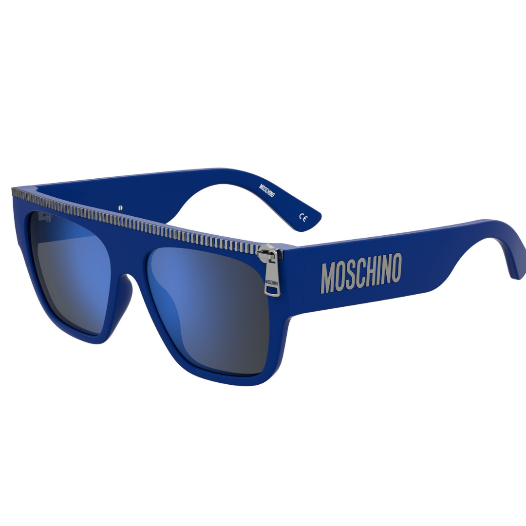 occhiali da sole Moschino donna, Moschino MOS165S, occhiali Moschino con zip, occhiali da sole neri Moschino, occhiali Moschino blu elettrico, occhiali fashion estate donna, occhiali glamour Moschino